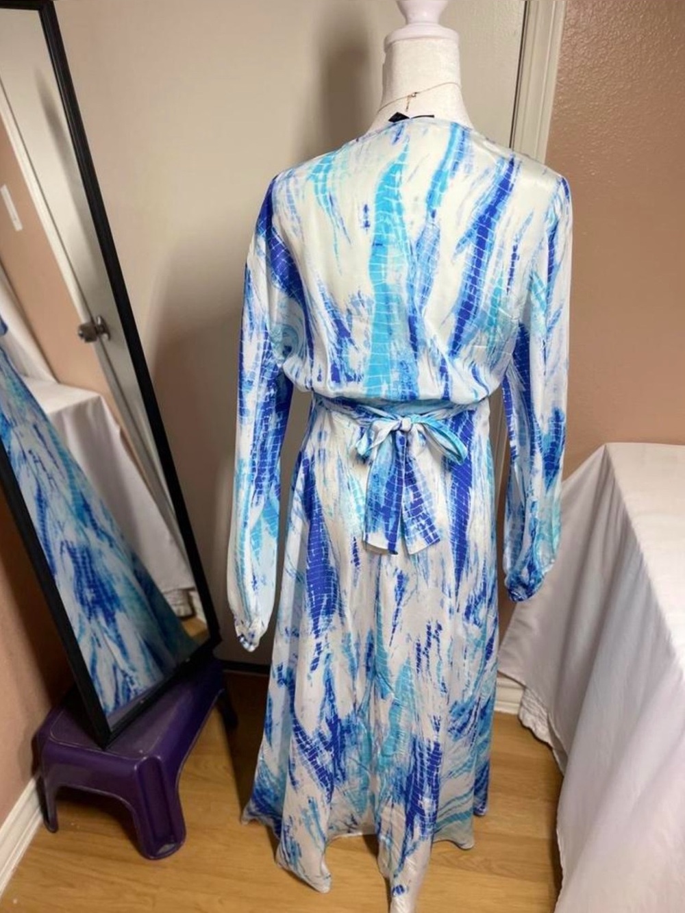 Boston Proper Blue Tie-Dye Faux Wrap Long Sleeve Maxi Dress Size L - Picture 6 of 11